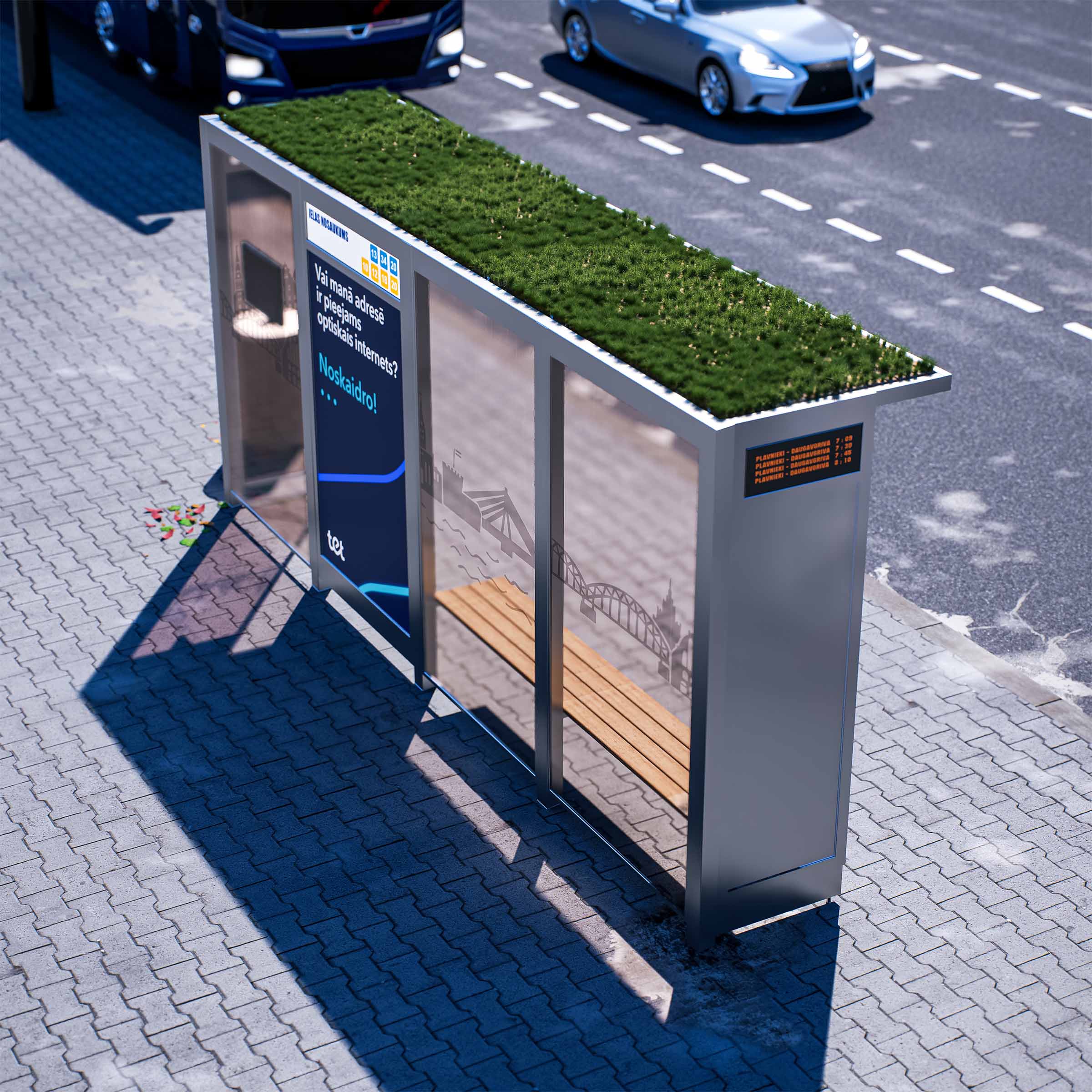 Bus Shelter OSLO (S/M) Green Panels Rooftop Set By PALAMI Group - Compact Outdoor Advertising Display