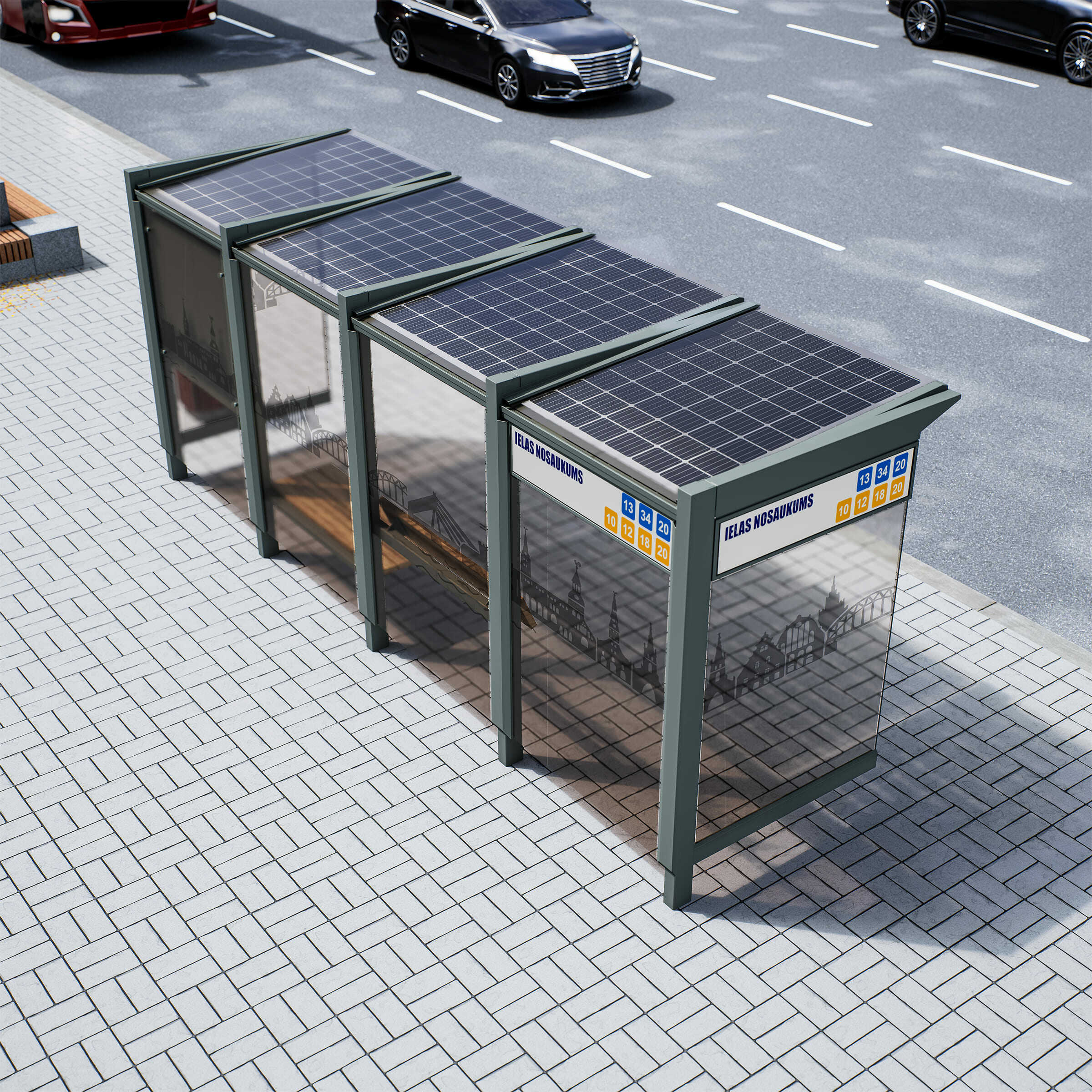 Bus Shelter RIGA (L/XL) Solar Panels Rooftop Set By PALAMI Group - Durable Outdoor Display for Advertising