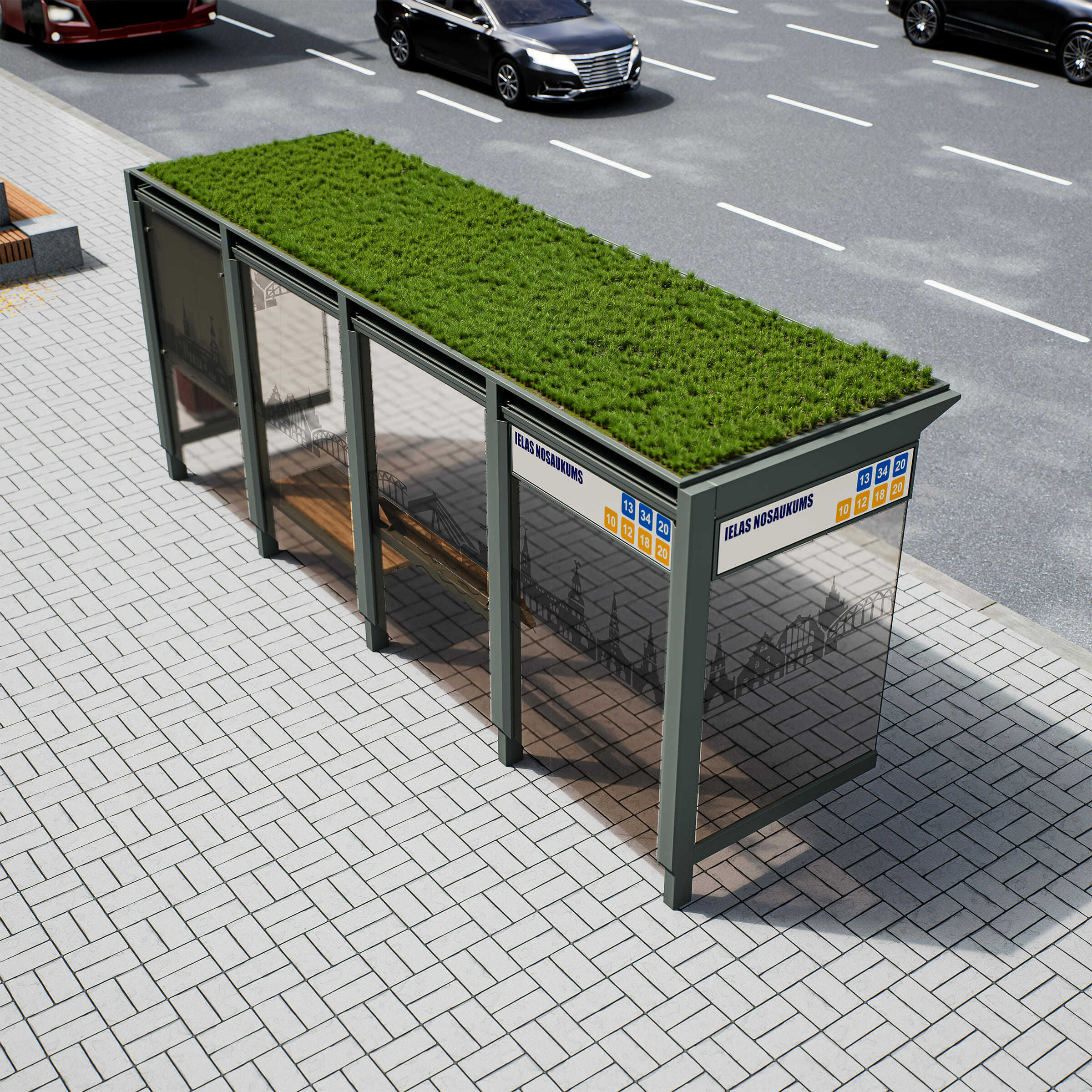 Bus Shelter RIGA (L/XL) Green Panels Rooftop Set By PALAMI Group - Durable Outdoor Display for Advertising