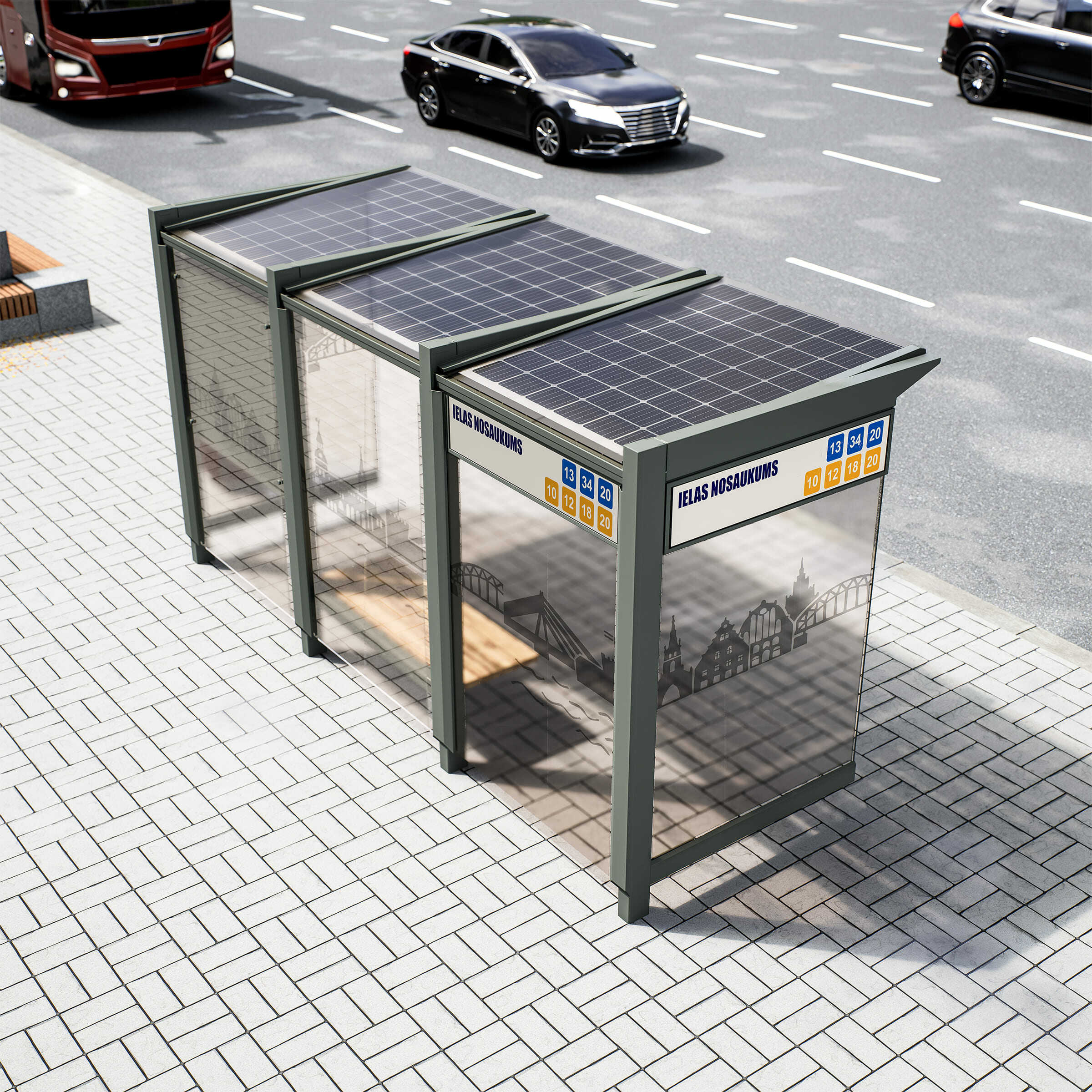 Bus Shelter RIGA (L/XL) Solar Panels Rooftop Set by PALAMI Group - Durable Outdoor Display for Advertising