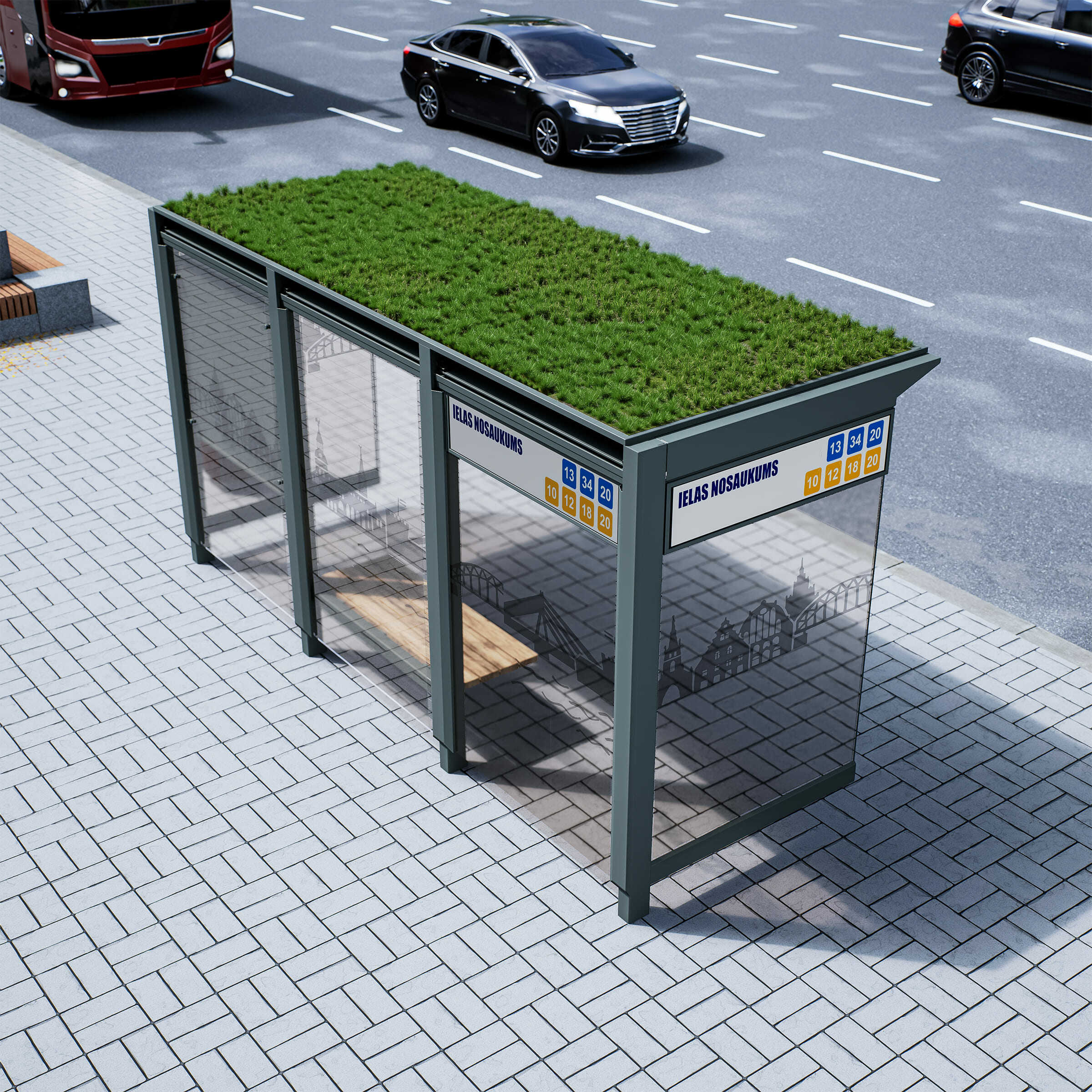 Bus Shelter RIGA (L/XL) Green Panels Rooftop Set By PALAMI Group - Durable Outdoor Display for Advertising