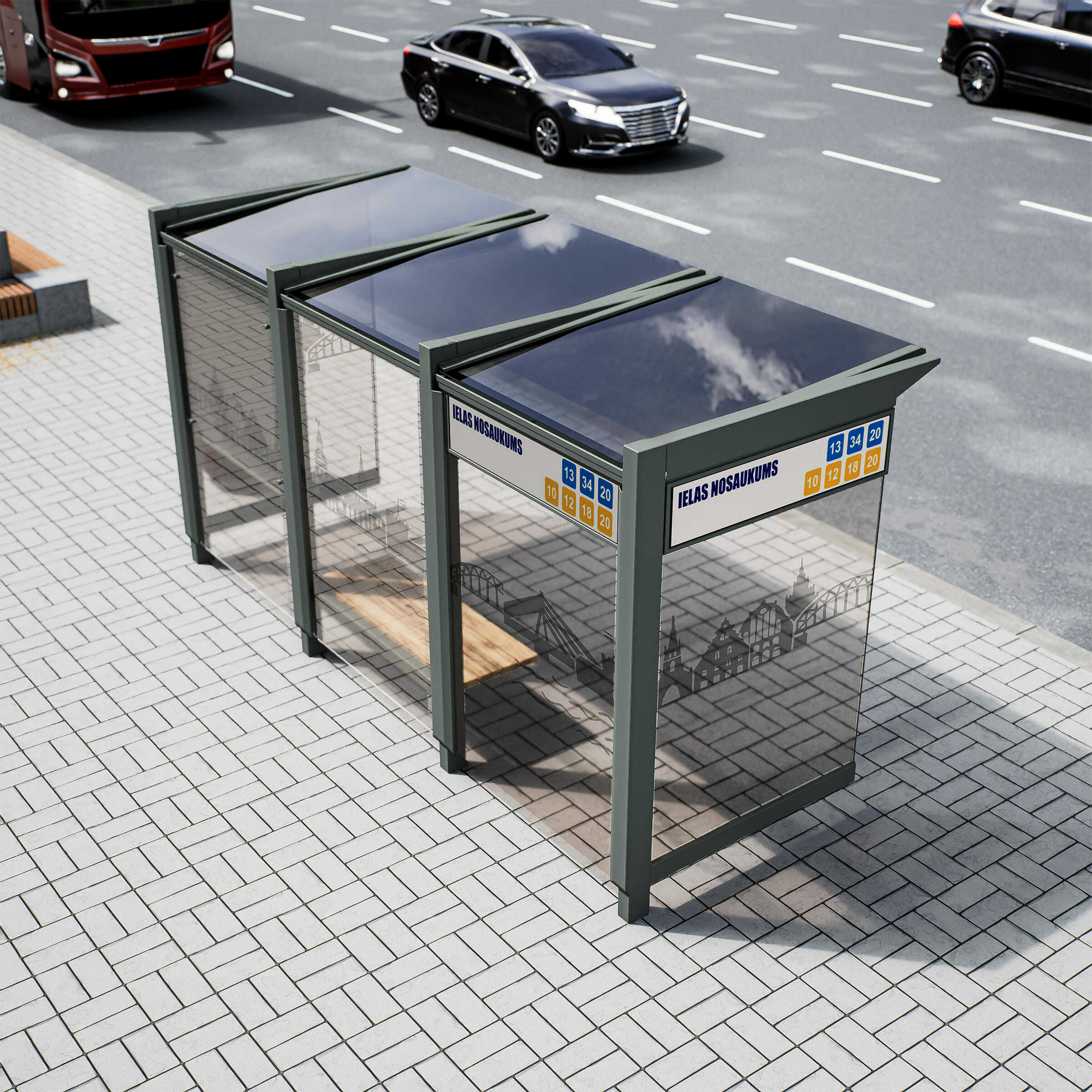 Bus Shelter RIGA (L/XL) Base Glass Rooftop Set By PALAMI Group - Durable Outdoor Display for Advertising