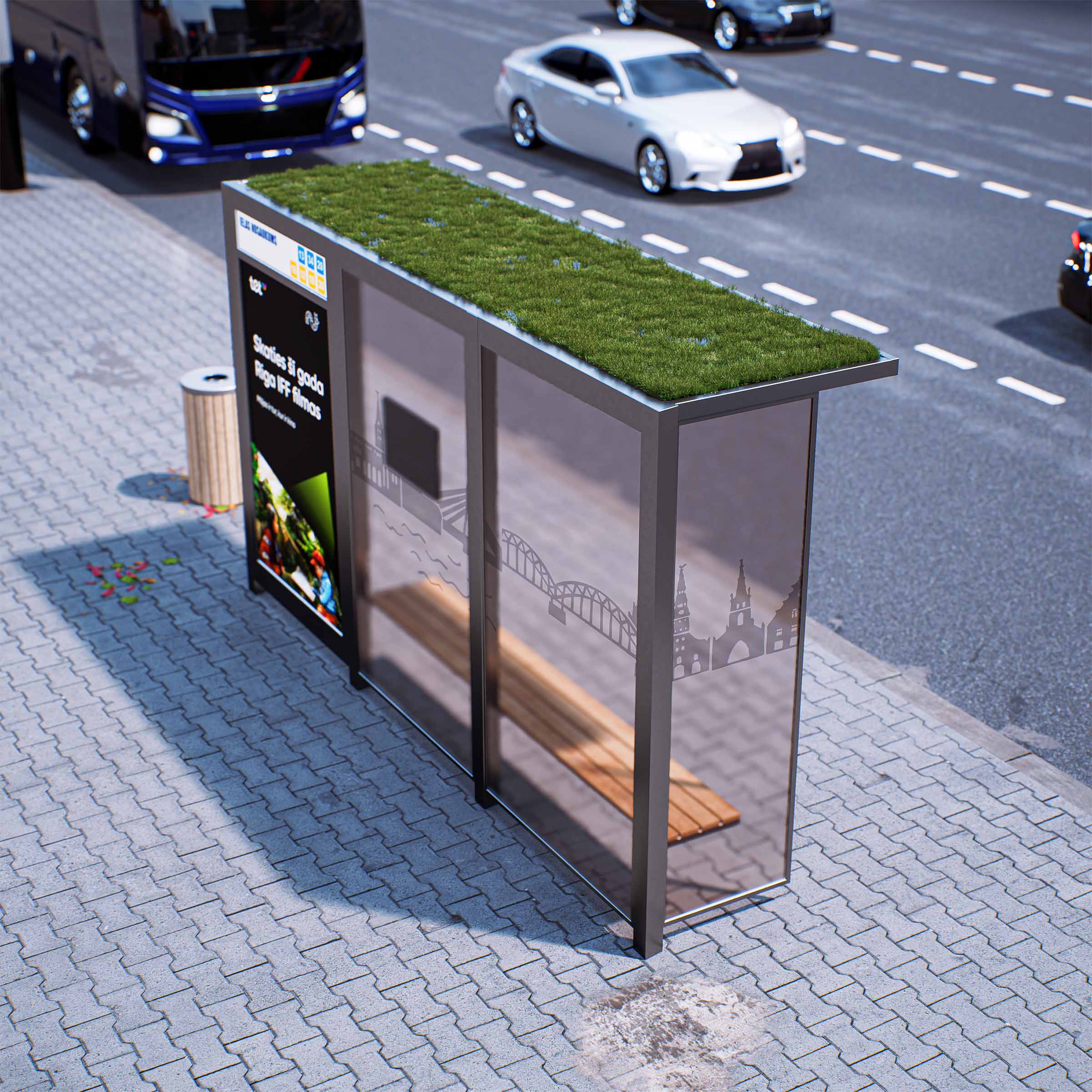 Bus Shelter OSLO (S/M) Green Panels Rooftop Set by PALAMI Group - Compact Outdoor Advertising Display