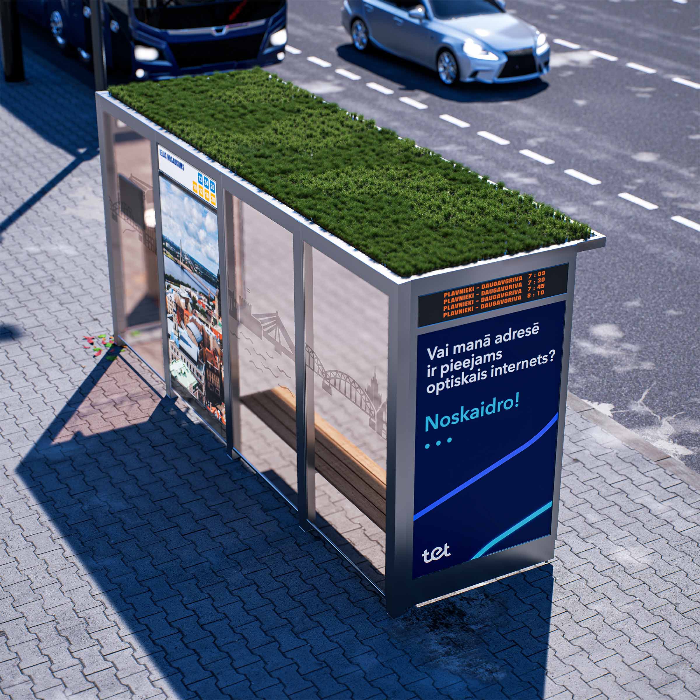 Bus Shelter OSLO (L/XL) Green Panels Rooftop Set By PALAMI Group - Durable Outdoor Display for Advertising