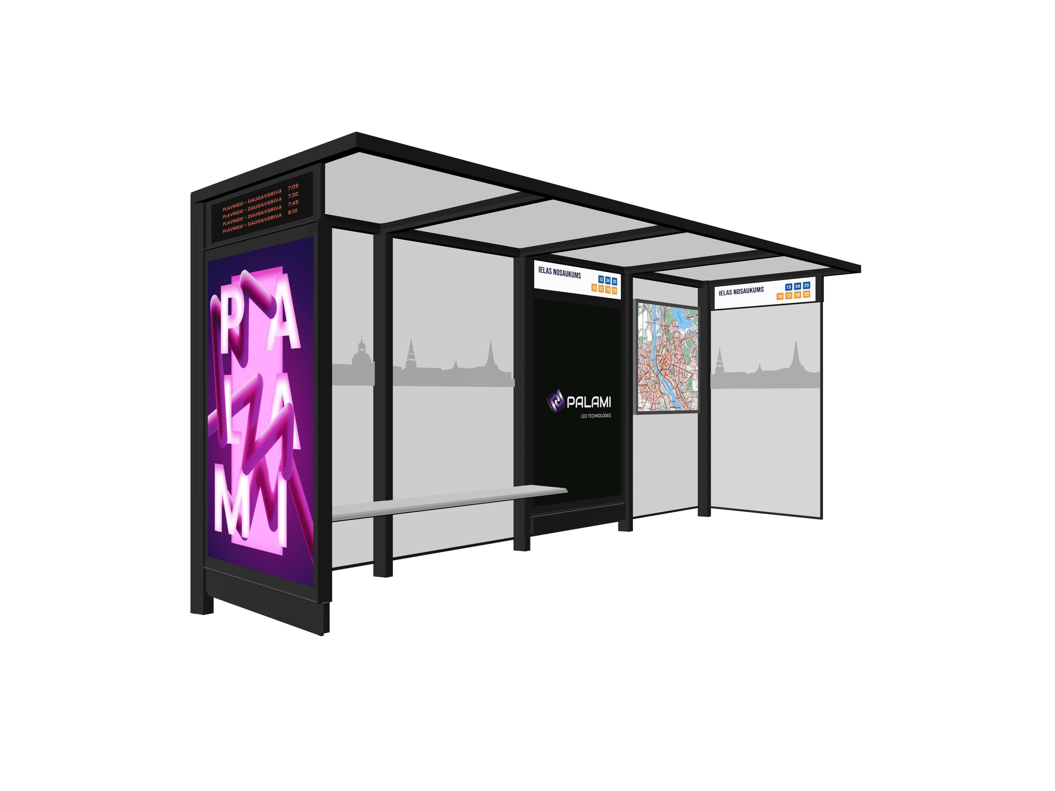 PALAMI Group Smart Bus Stop Shelter With Built In LED Video Displays and Timetable Screen