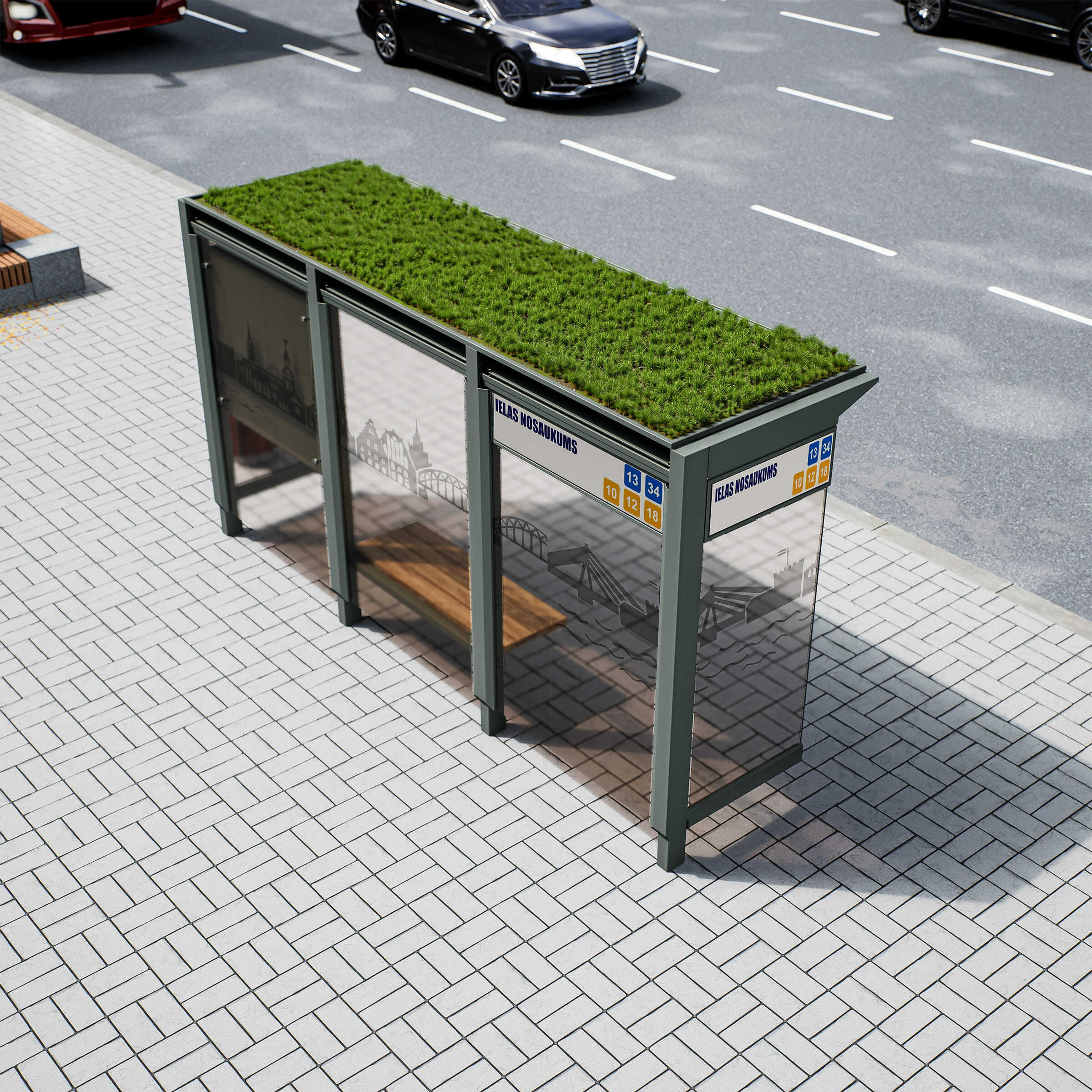 Bus Shelter RIGA (S/M) Green Panels Rooftop Set by PALAMI Group - Compact Outdoor Advertising Display