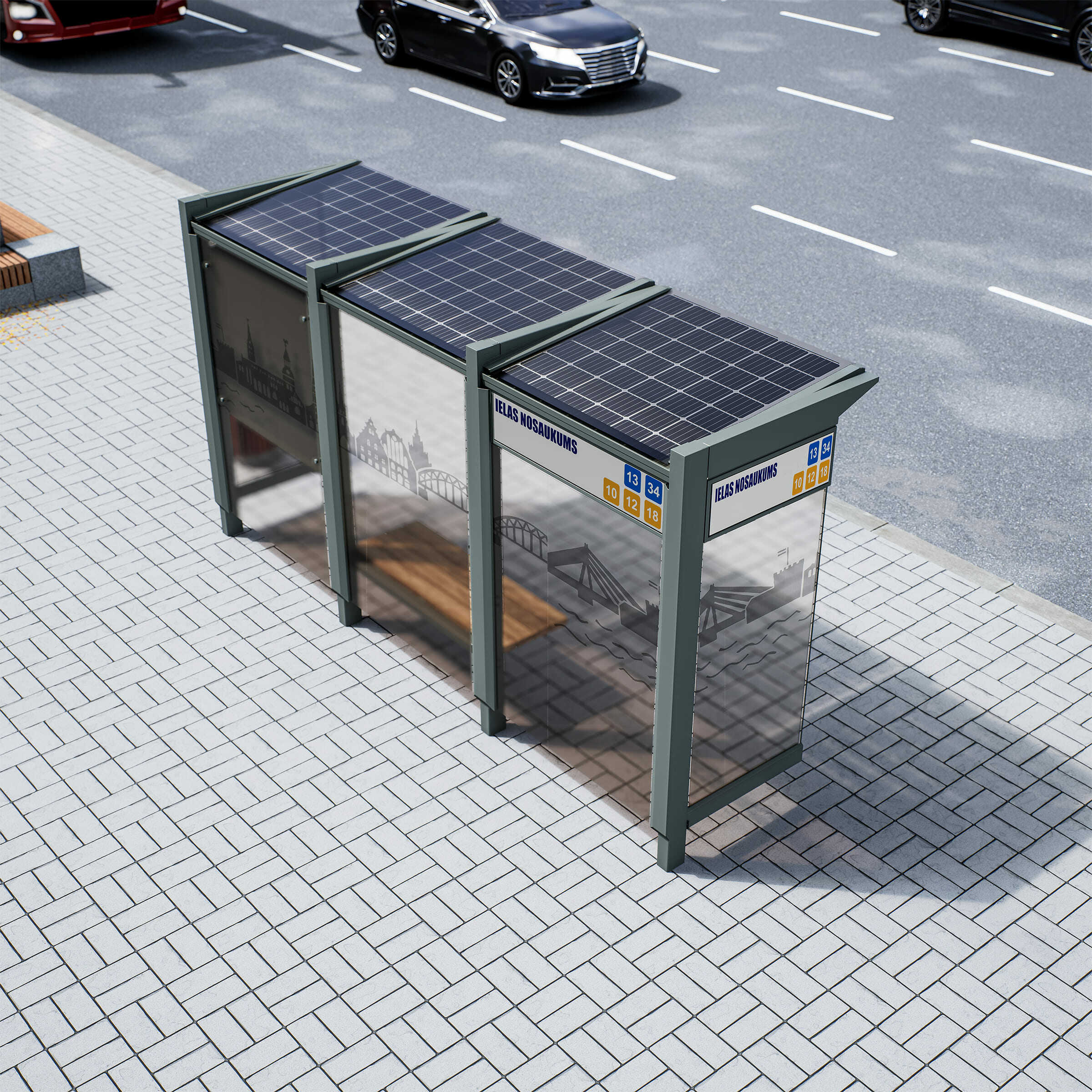 Bus Shelter RIGA (S/M) Solar Panels Rooftop Set By PALAMI Group - Compact Outdoor Advertising Display
