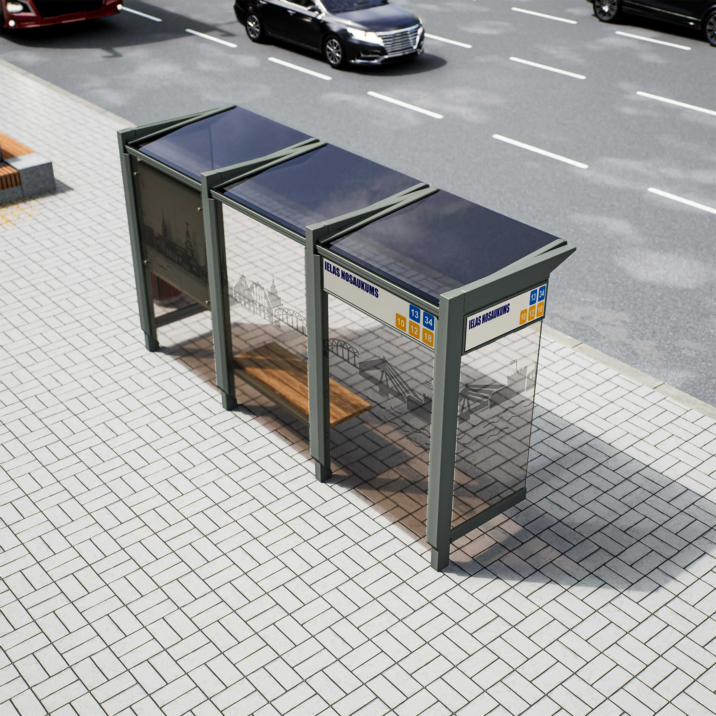 Bus Shelter RIGA (S/M) Base Glass Rooftop Set By PALAMI Group - Compact Outdoor Advertising Display