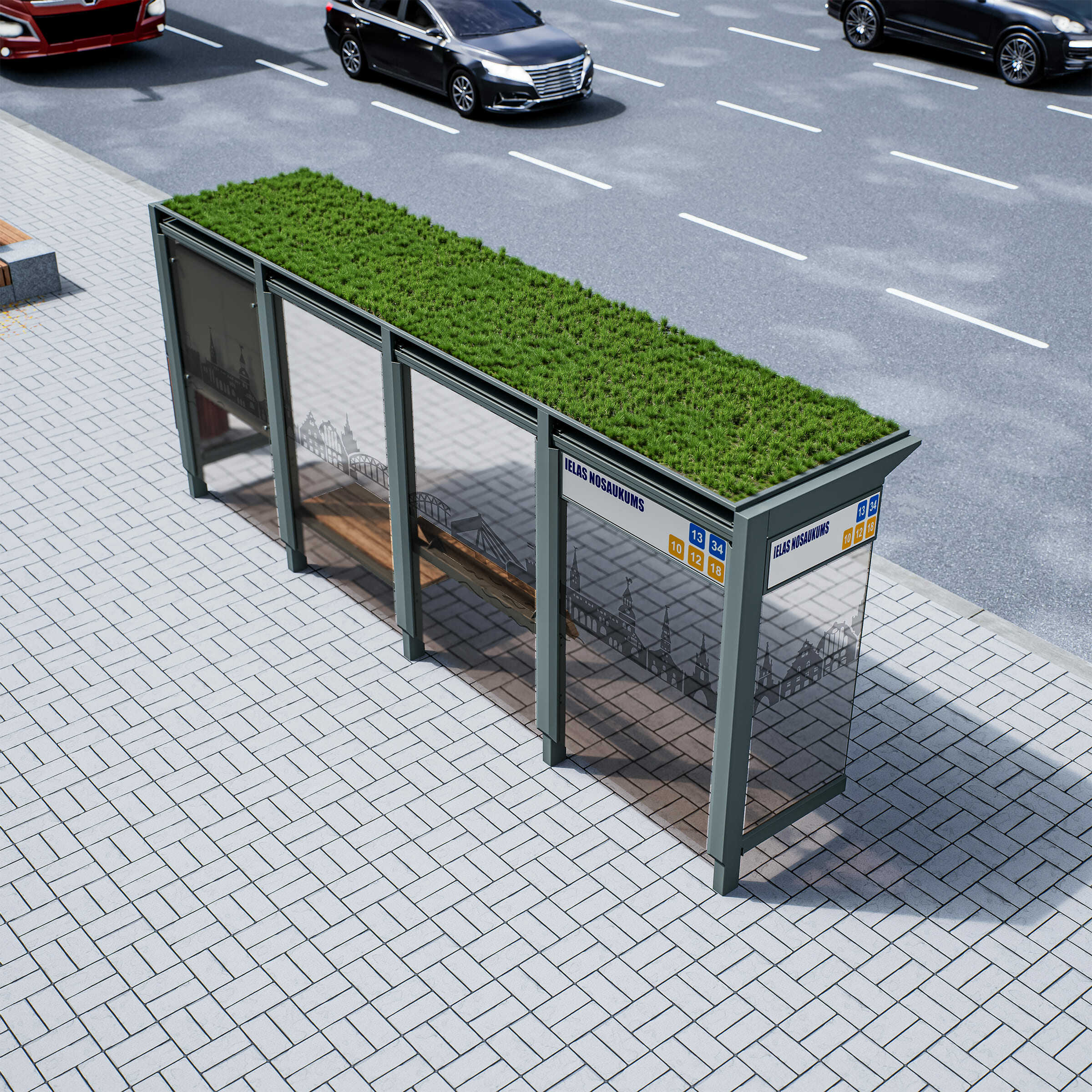 Bus Shelter RIGA (S/M) Green Panels Rooftop Set By PALAMI Group - Compact Outdoor Advertising Display