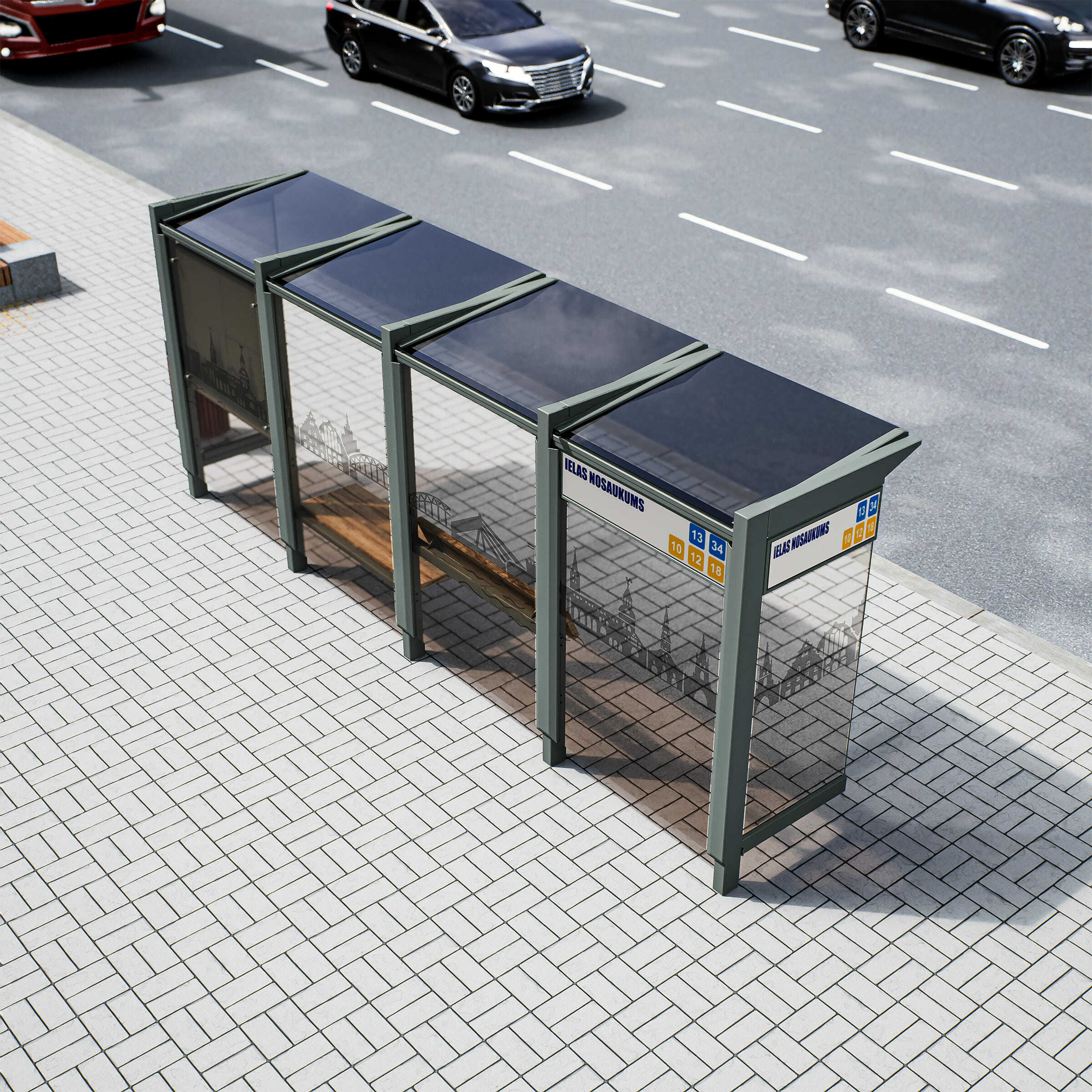Bus Shelter RIGA (S/M) Base Glass Rooftop Set By PALAMI Group - Compact Outdoor Advertising Display